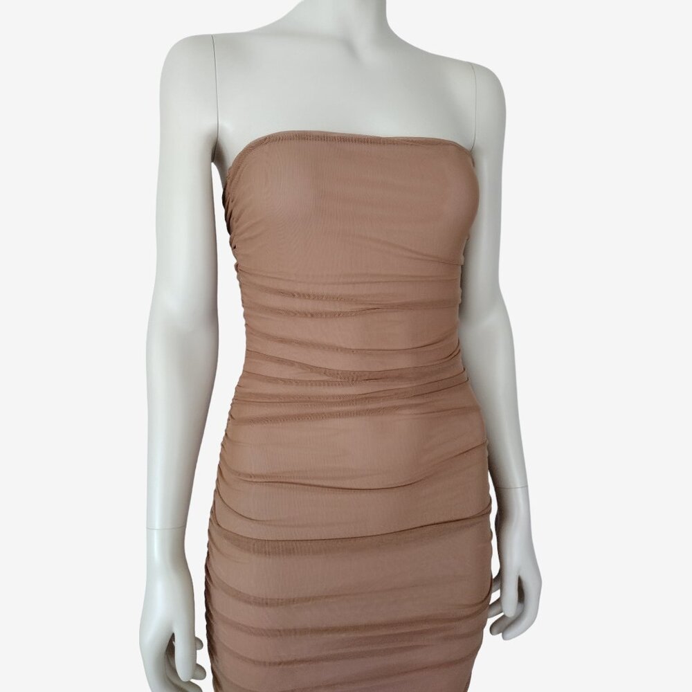 Fashion Nova Tan Mesh Ruched Side Slit Maxi Tube Dress Size S - Picture 7 of 13